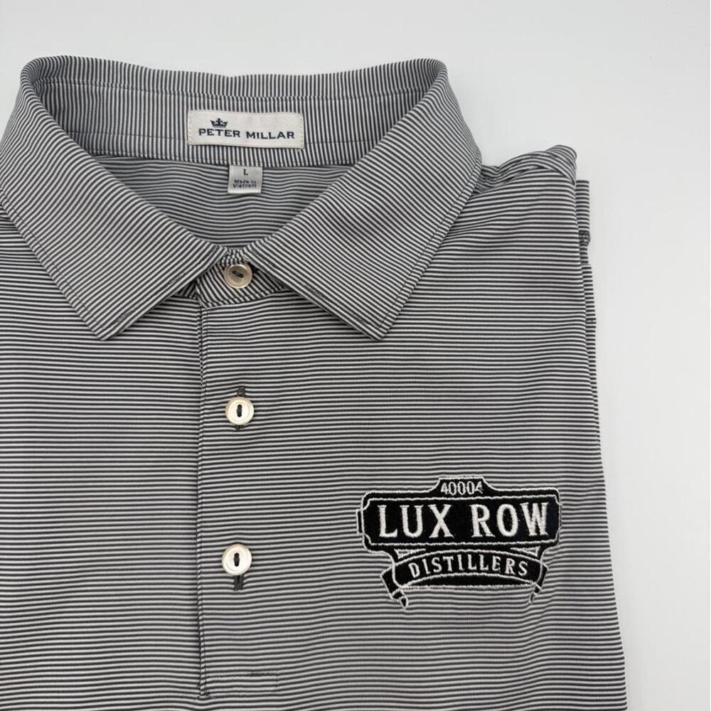 Peter Millar Golf polo grey stripe size large. Lux Row distillers. Bardstown, KY